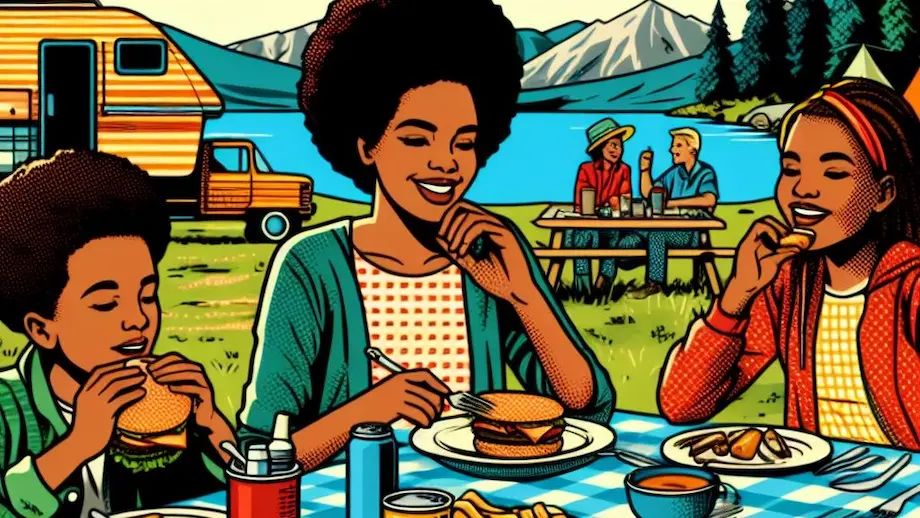 A family eating lunch at a campground