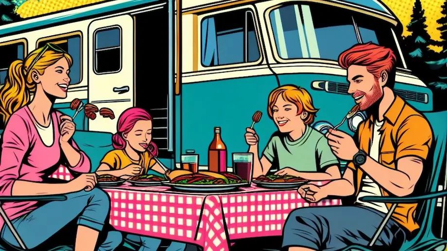 A family eating lunch at a campground