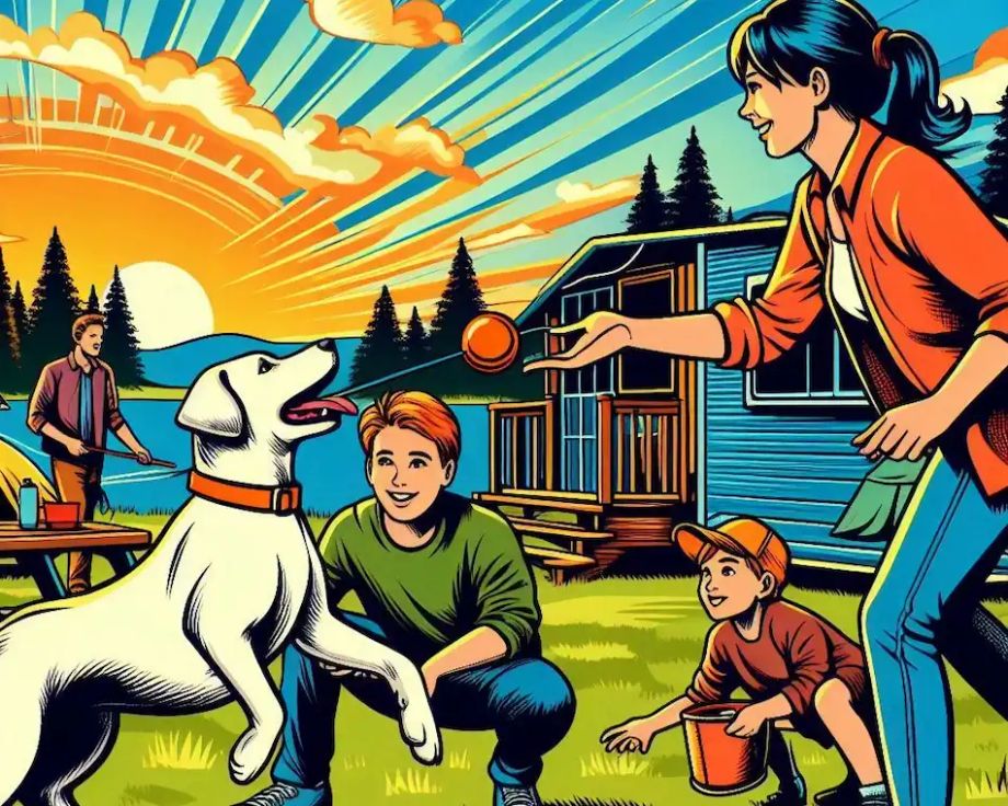 A family playing with their dog while camping