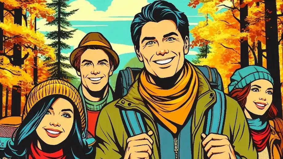 A family hiking in the fall woods