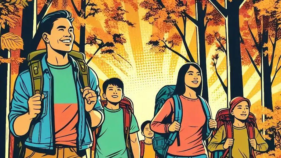 A family hiking in the fall woods