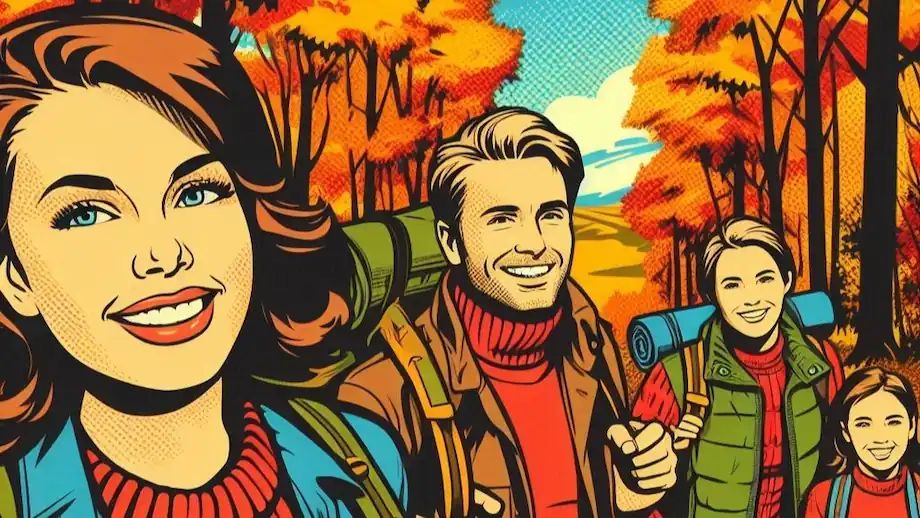 A family hiking in the fall woods