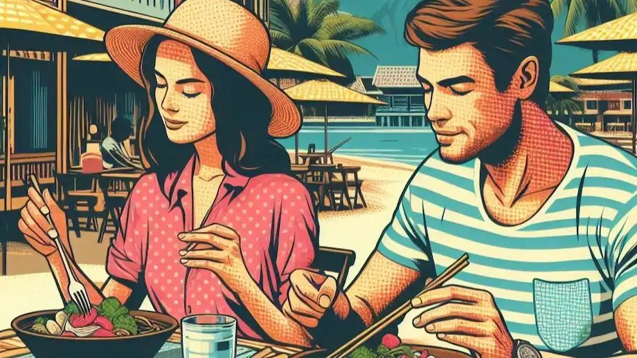 A couple of travelers eating using eco friendly utensils at a seaside resort