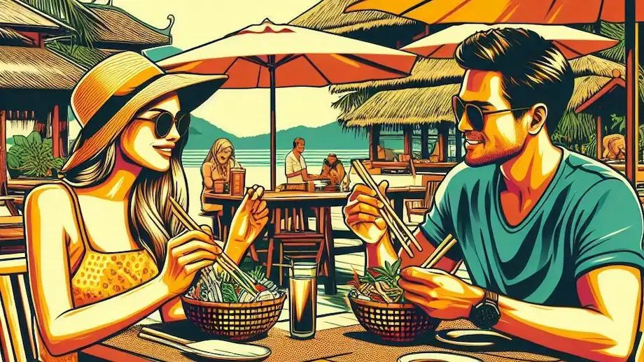 A couple of travelers using eco friendly utensils while visiting exotic tropical islands