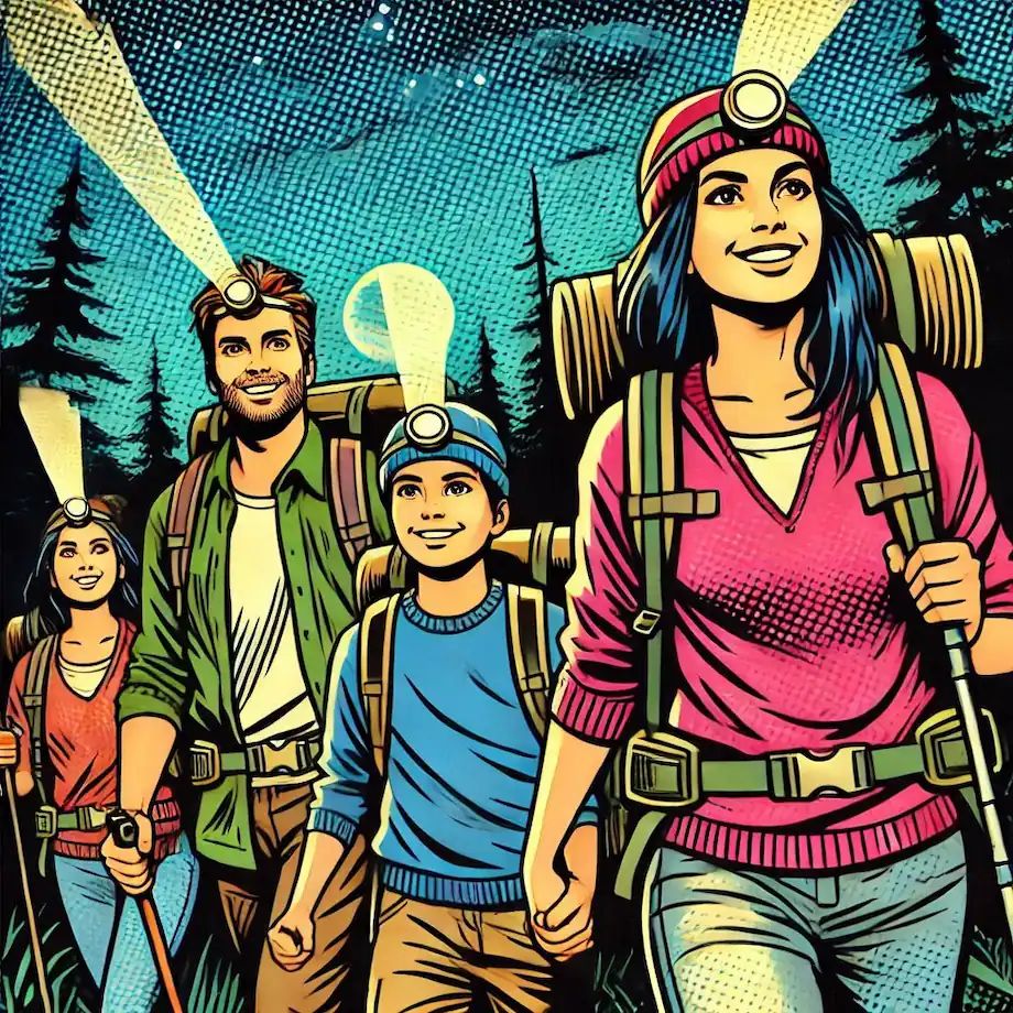A family hiking in the woods at night