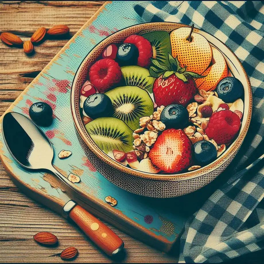 A bowl of muesli with fresh fruit