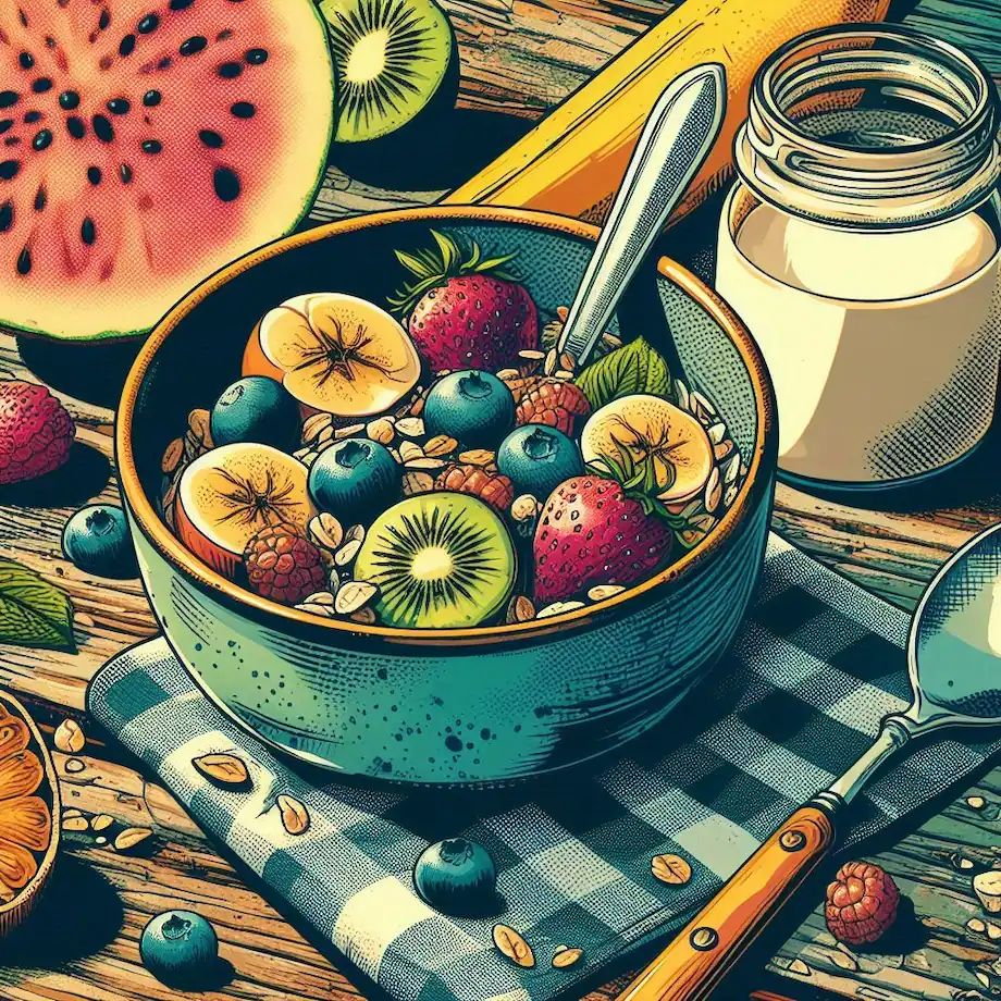 A bowl of muesli with fresh fruit