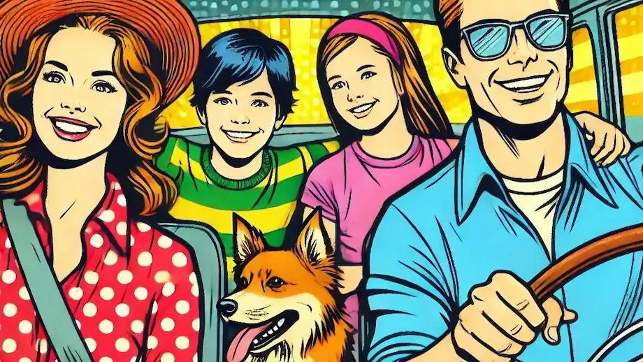 A family on a road trip with their dog