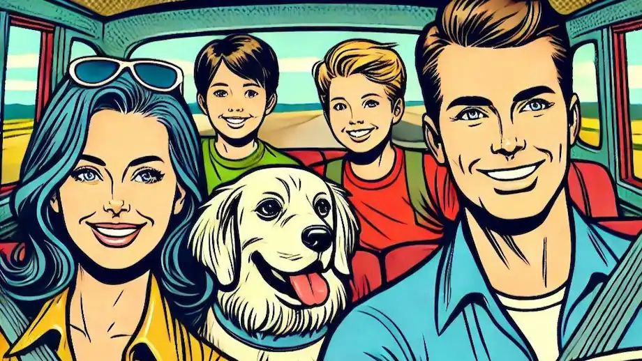 A family on a road trip with their dog