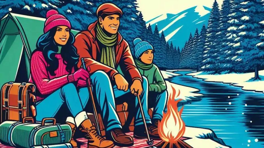 A family camping in the snow
