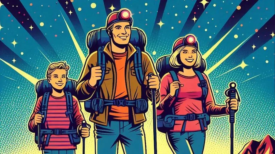 A family night hiking in the desert