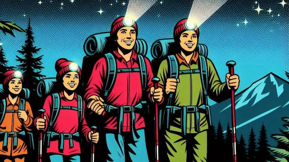 A family night hiking in the woods
