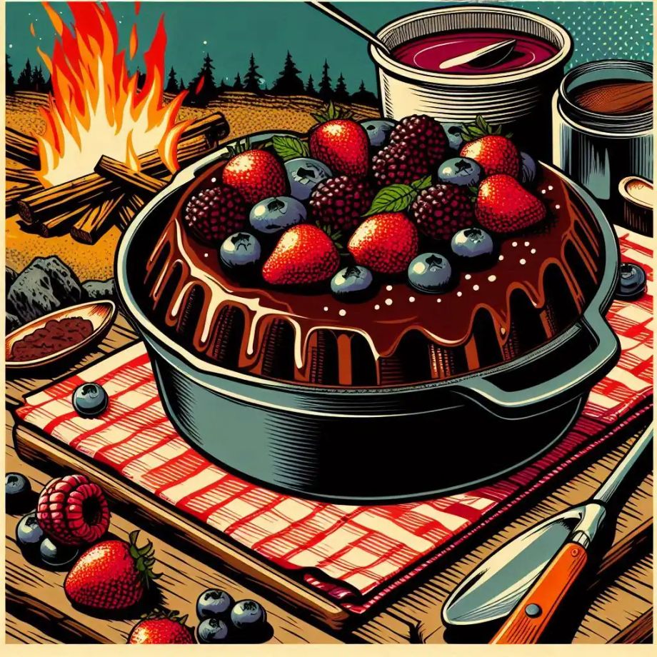 A chocolate pudding cake cooked in a Dutch oven over a campfire