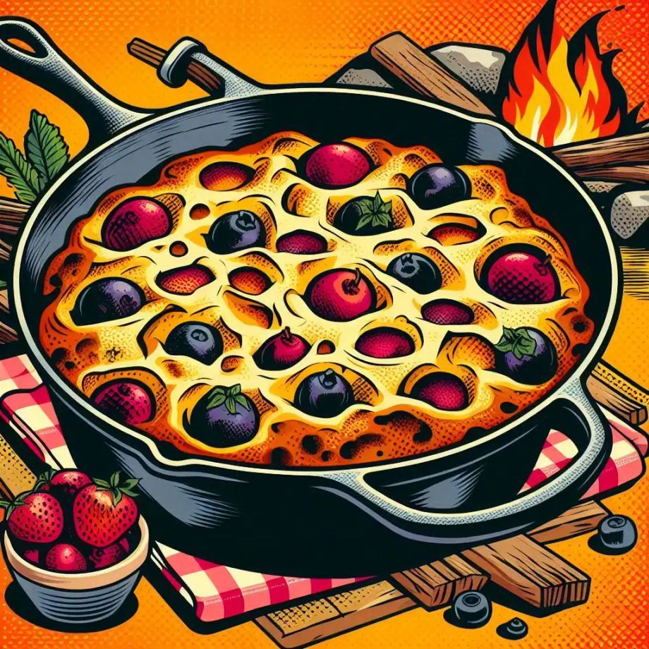 A fruit dump cake cooked in a Dutch oven over a campfire