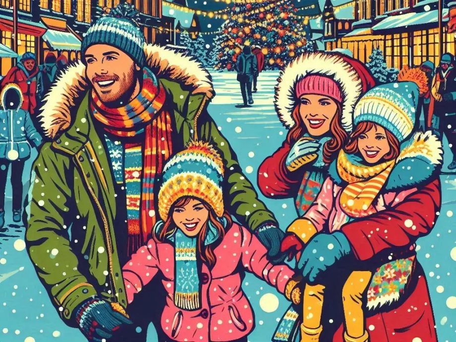 A family enjoying Christmas in the town