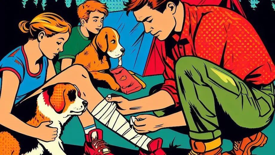 A camper using a first aid kit