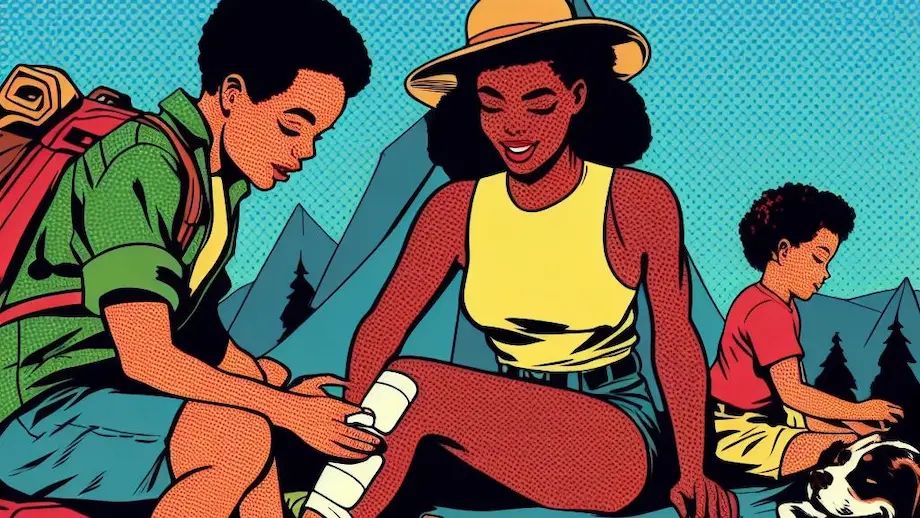 A camper using a first aid kit