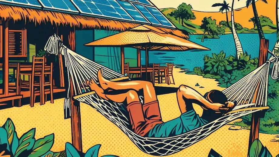 A camper relaxing on a rope hammock