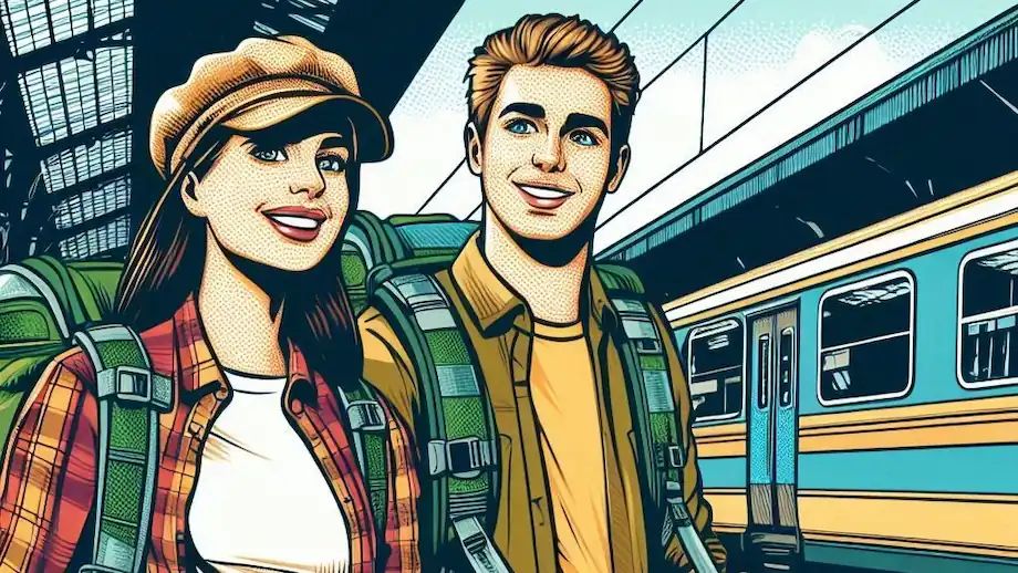 A couple traveling by train to reduce their carbon footprint