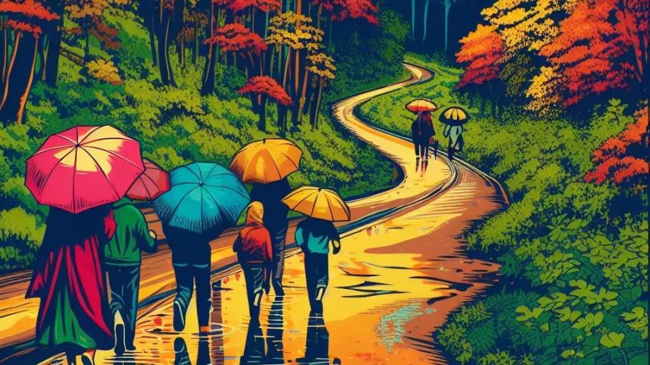 AI generated image of family hiking in the fall