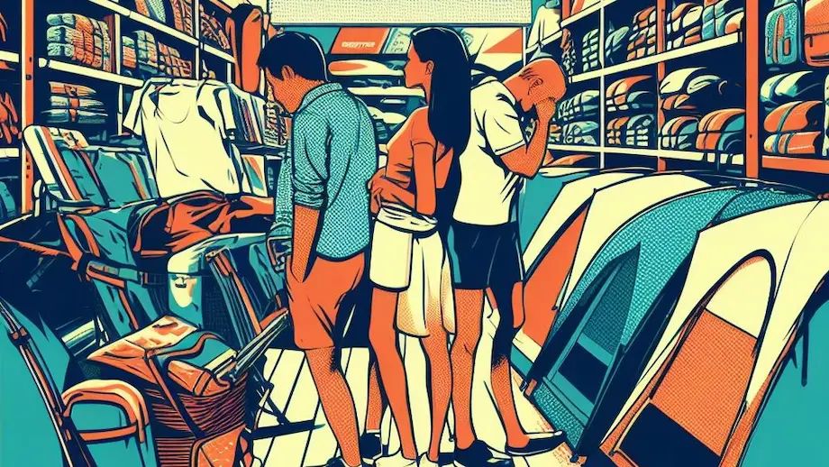 A family picking out a camping tent