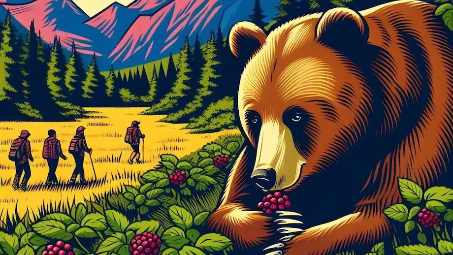 A brown bear eating berries with hikers in the distance