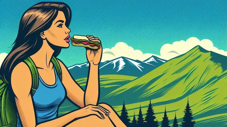 AI generated image of woman hiker eating a snack