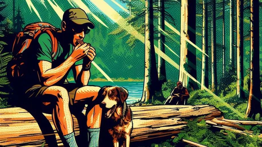 A hiker and his dog eating a snack