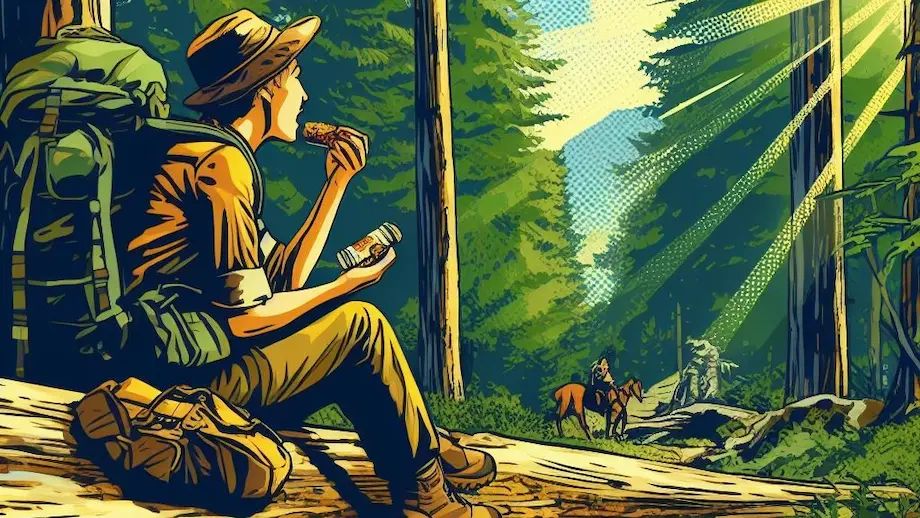 A hiker eating a snack on a log