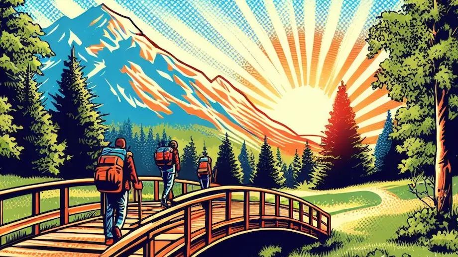 A group of backpackers crossing a bridge in the forest