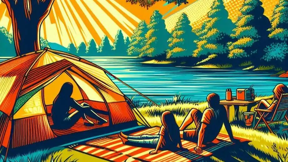A family keeping cool at a campground in the shade by a lake