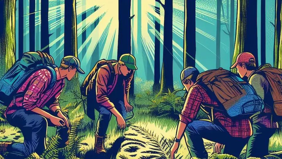 A group of hikers examining animal tracks in the forest