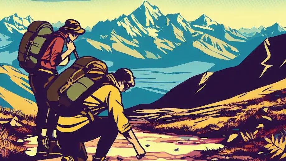 A group of hikers examining animal tracks