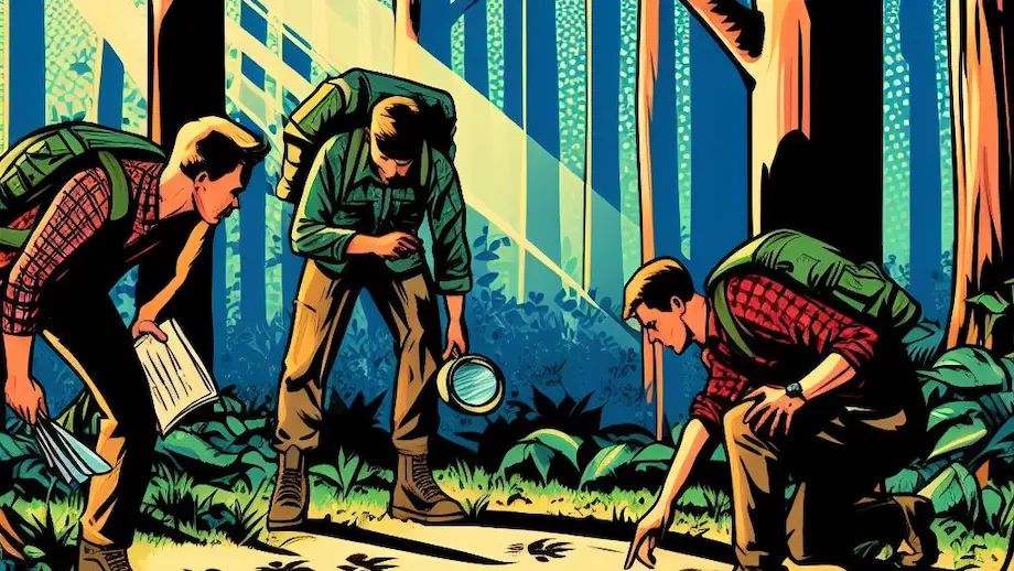 A group of hikers examining animal tracks