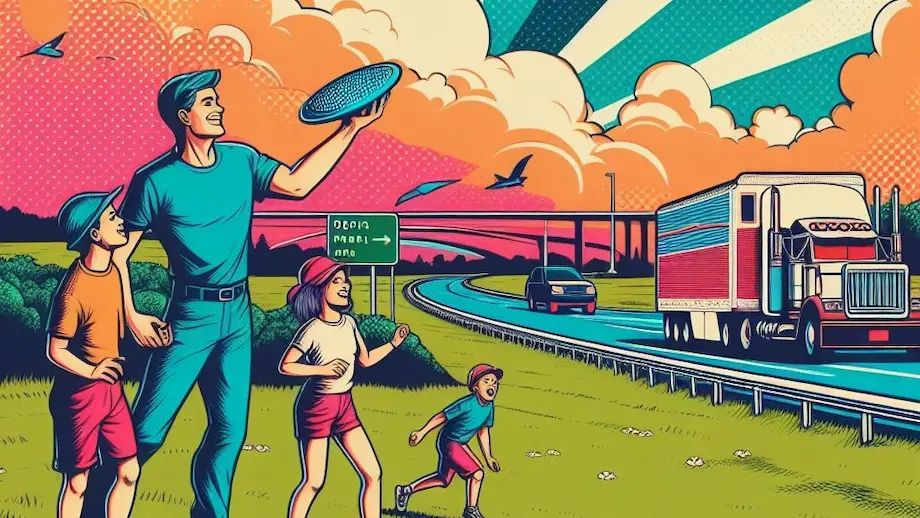 A family throwing a frisbee at a roadside rest stop