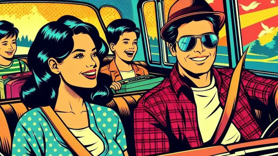 A happy family on a raod trip