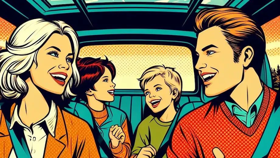 A happy family on a raod trip