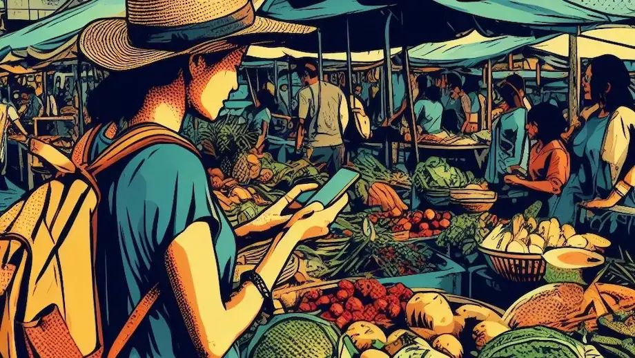 AI generated image of traveler shopping at a local farmers market