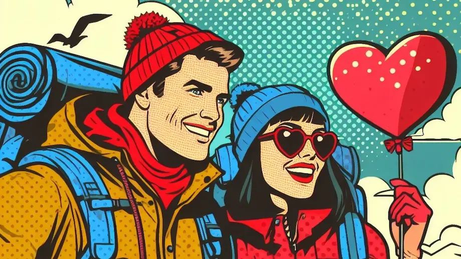 Hikers celebrating valentines day outdoors together