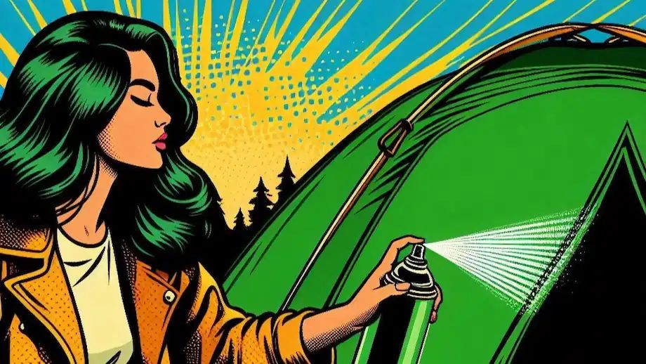 A camper waterproofing their tent